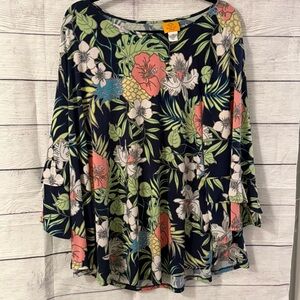 Plus Size Ruby Rd. Tropical Floral Navy Blouse